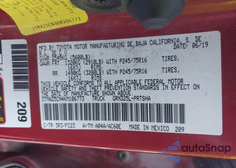 2019 Toyota Tacoma Sr5 V6 z USA, uszkodzony, nr VIN 3TMAZ5CN4KM106773
